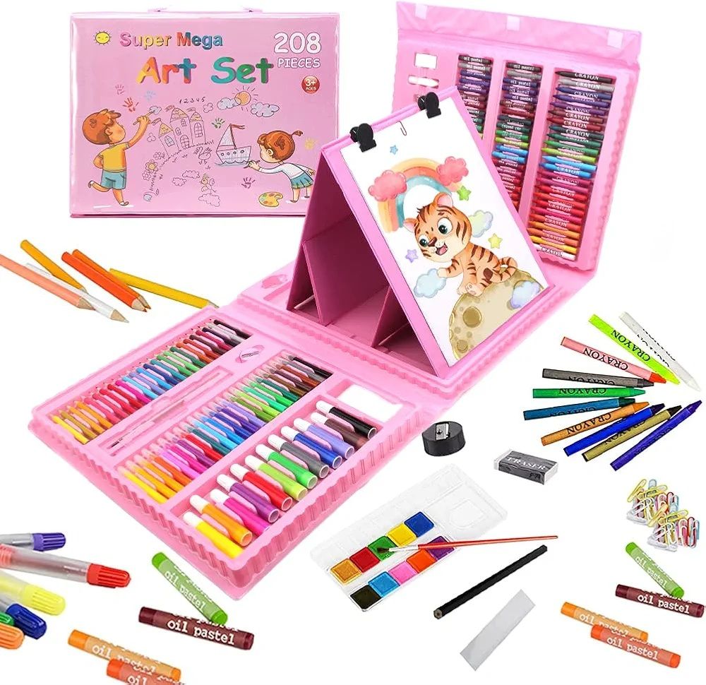 Kit de coloriage pour enfants, 208 pièces de luxe - Mallette de coloriage portable pour enfants débutants - Avec crayons de cire - Pastel à l'huile - Crayons aquarelle - Rose