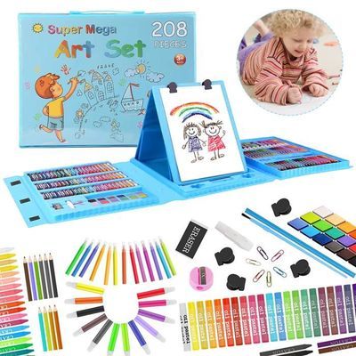 Kit de coloriage pour enfants, 208 pièces de luxe - Mallette de coloriage portable pour enfants débutants - Avec crayons de cire - Pastel à l'huile - Crayons aquarelle - Bleu