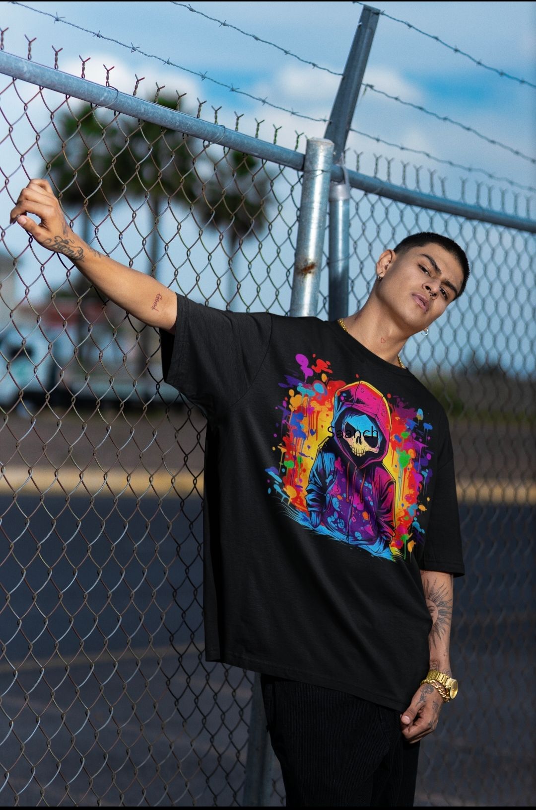 Men's Oversized T-shirt- Colofull Skull 