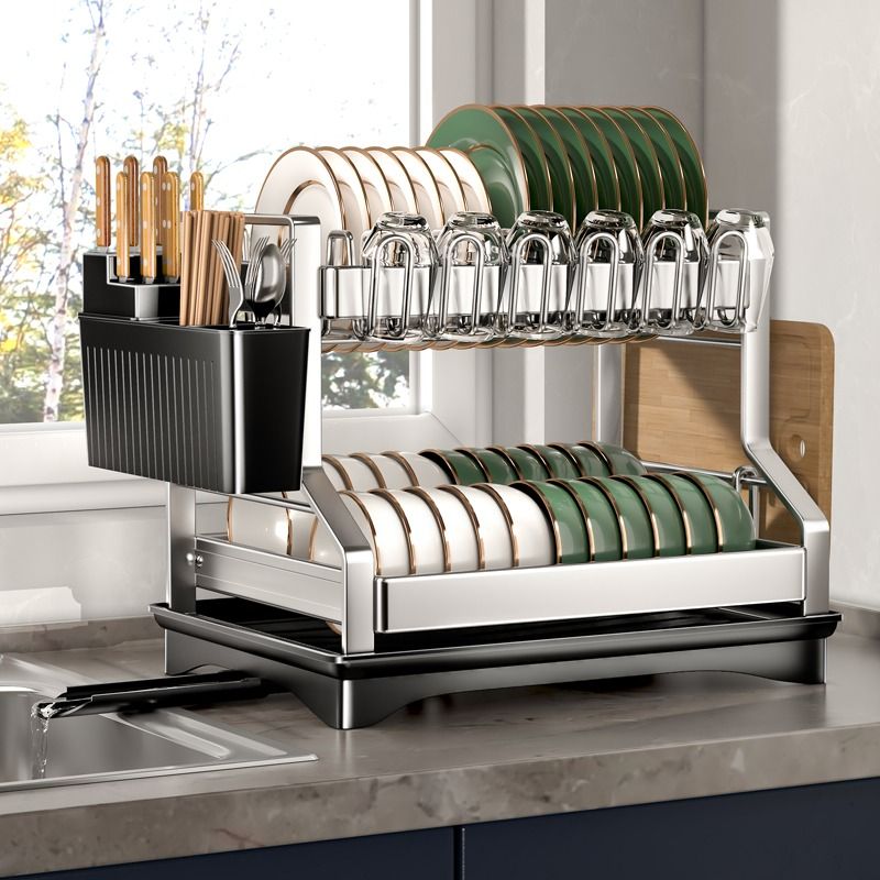  2-Tier Kitchen Dish Rack with drain tray