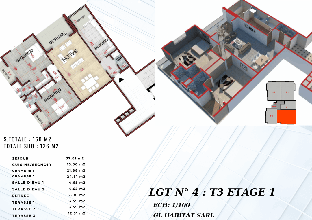 Appartement de 150 m² à vendre à crédit vendeur  3 pièces 2 chambres  au 1 er étage avec ascenseur  