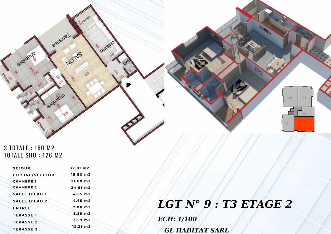 Appartement de 150 m² à vendre à crédit vendeur  3 pièces 2 chambres  au 2 eme étage avec ascenseur 