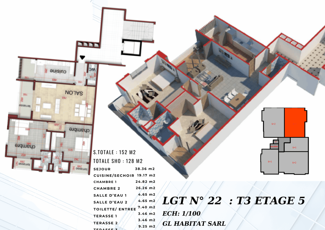 Appartement de 152 m² à vendre à crédit vendeur  3 pièces 2 chambres  au 5 eme étage avec ascenseur 