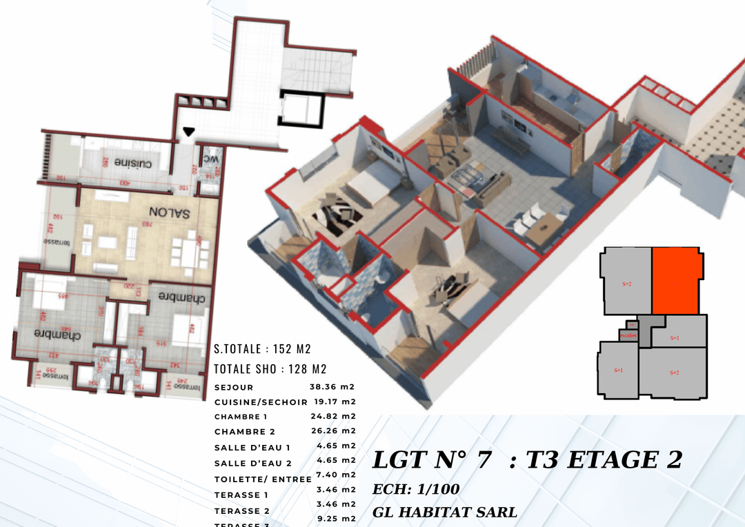 Appartement de 152 m² à vendre à crédit vendeur  3 pièces 2 chambres  au 2 eme étage avec ascenseur 