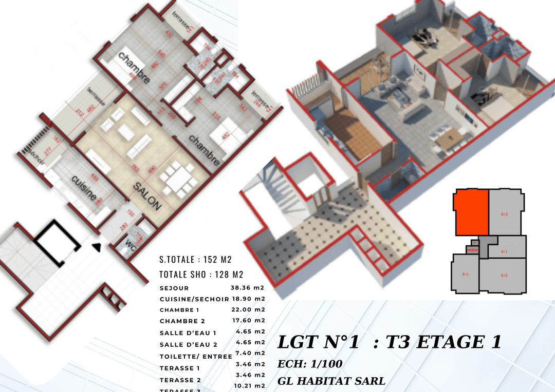 Appartement de 152 m² à vendre à crédit vendeur  3 pièces 2 chambres  au 1er étage avec ascenseur 