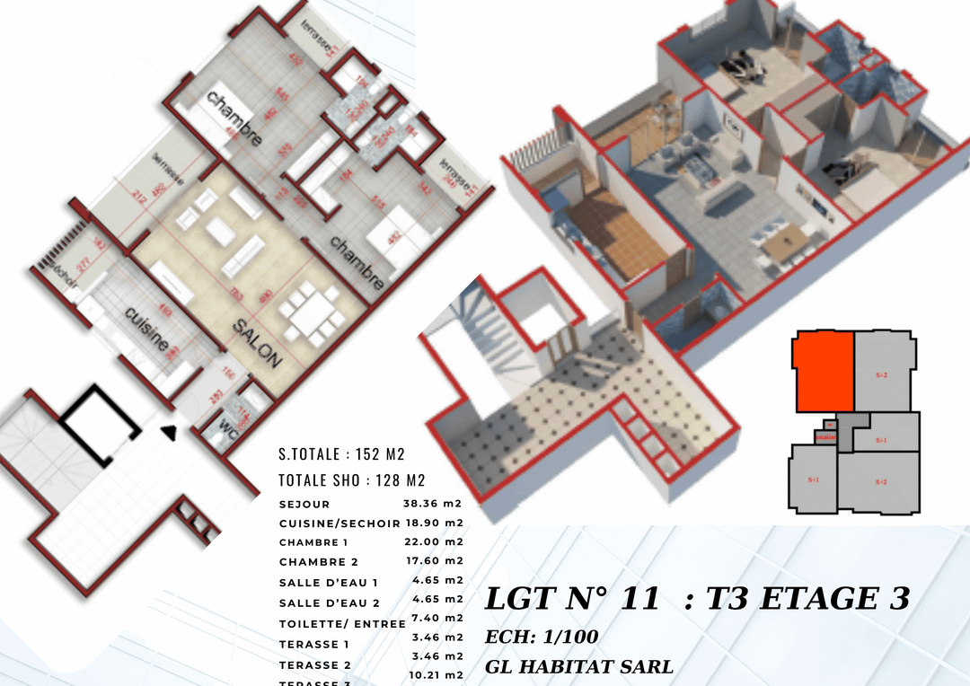 Appartement de 152 m² à vendre à crédit vendeur  3 pièces 2 chambres  au 3 eme étage avec ascenseur  