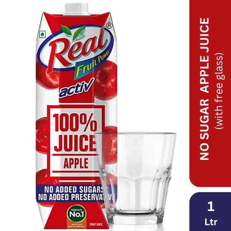 Real Active 100% Apple Juice with No Added Sugar or Preservatives, 1Ltr (Free Glass)