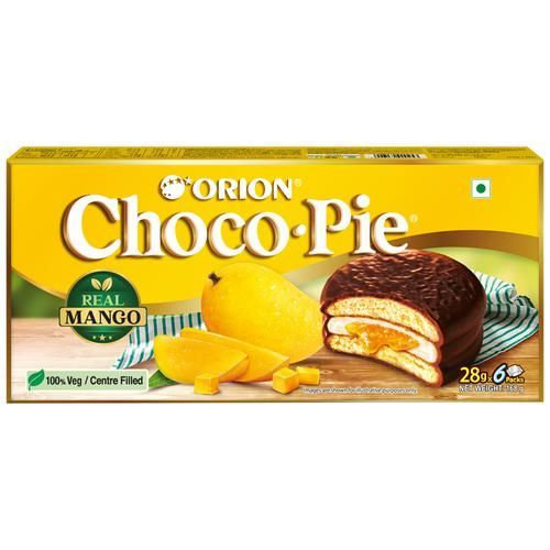 Orion Choco Pie - Centre Filled Biscuit, Soft, Real Mango Flavour, (6pcs Pack), 168 g Box