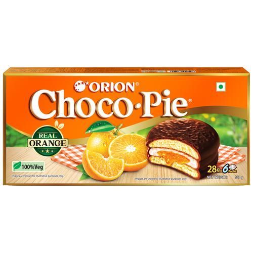 Orion Choco Pie - Centre Filled Biscuit, Soft, Real Orange Flavour, (6pcs Pack), 150 g Box