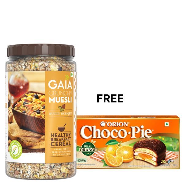 GAIA Crunchy Nutty Delight Muesli, 1Kg Jar (Free Orion Choco Pie- Orange)