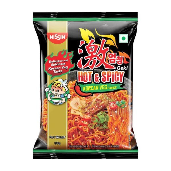 Nissin Geki Hot & Spicy Korean Veg Flavor Instant Noodles, 80gm Pouch (8901014000159)