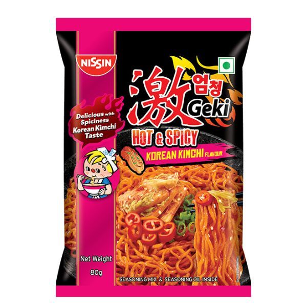 Nissin Geki Hot & Spicy Korean Kimchi Flavor Instant Noodles, 80gm Pouch (8901014000425)