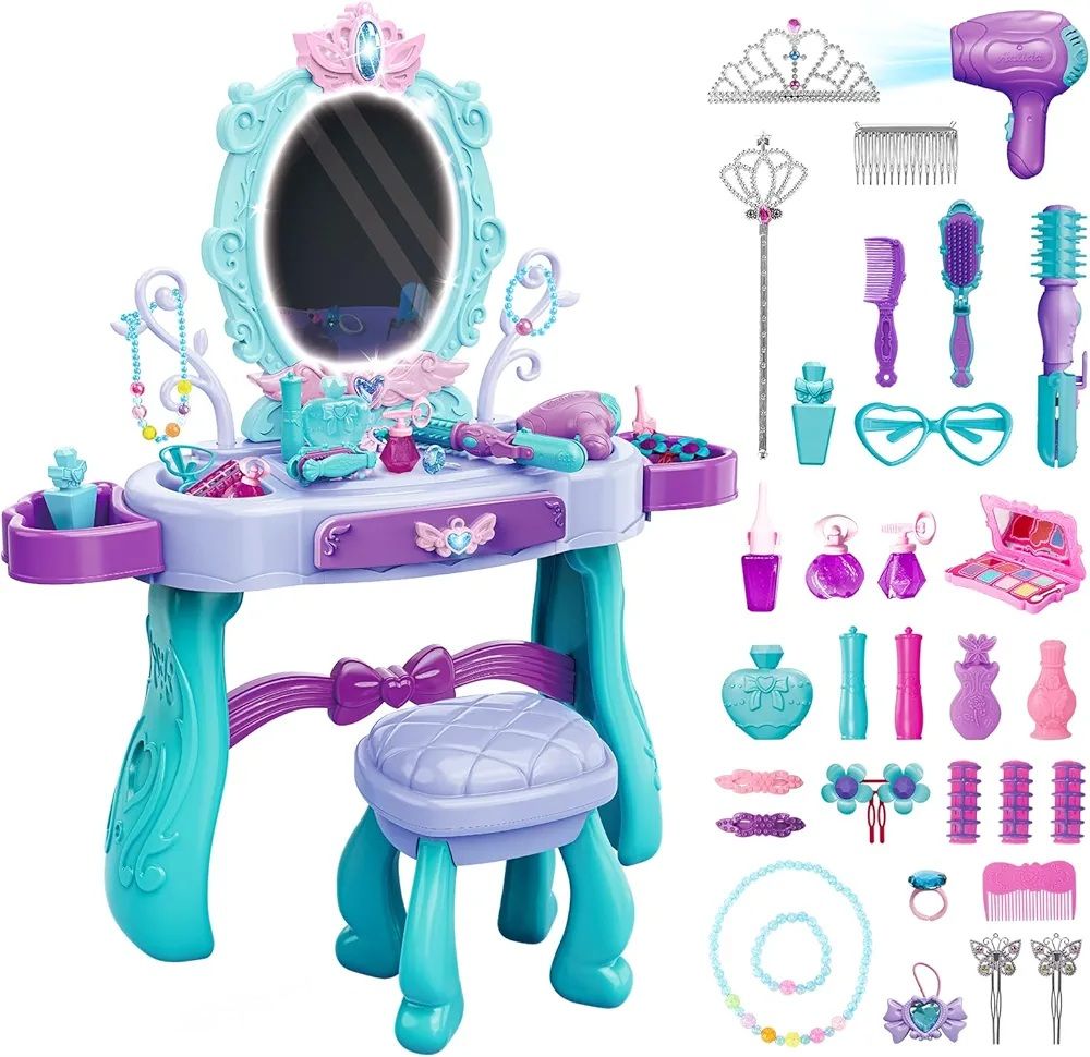 Table De Maquillage pour Fille avec Tabouret,Lumière Et Miroir,Coiffeuse avec Accessoires,Maquillage Jouets Jeu De Rôle,Coffret Maquillage Enfant Makeup Set,Jouet pour Fille 3+ Ans(Bleu)