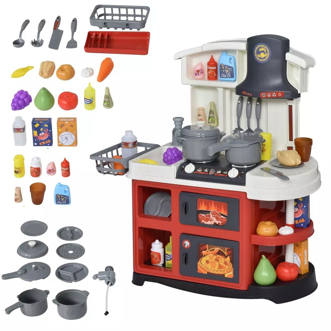 Cuisine pour enfant - dinette - jeu d'imitation complet 52 accessoires variés - fonctions sonores et lumineuses PP rouge blanc