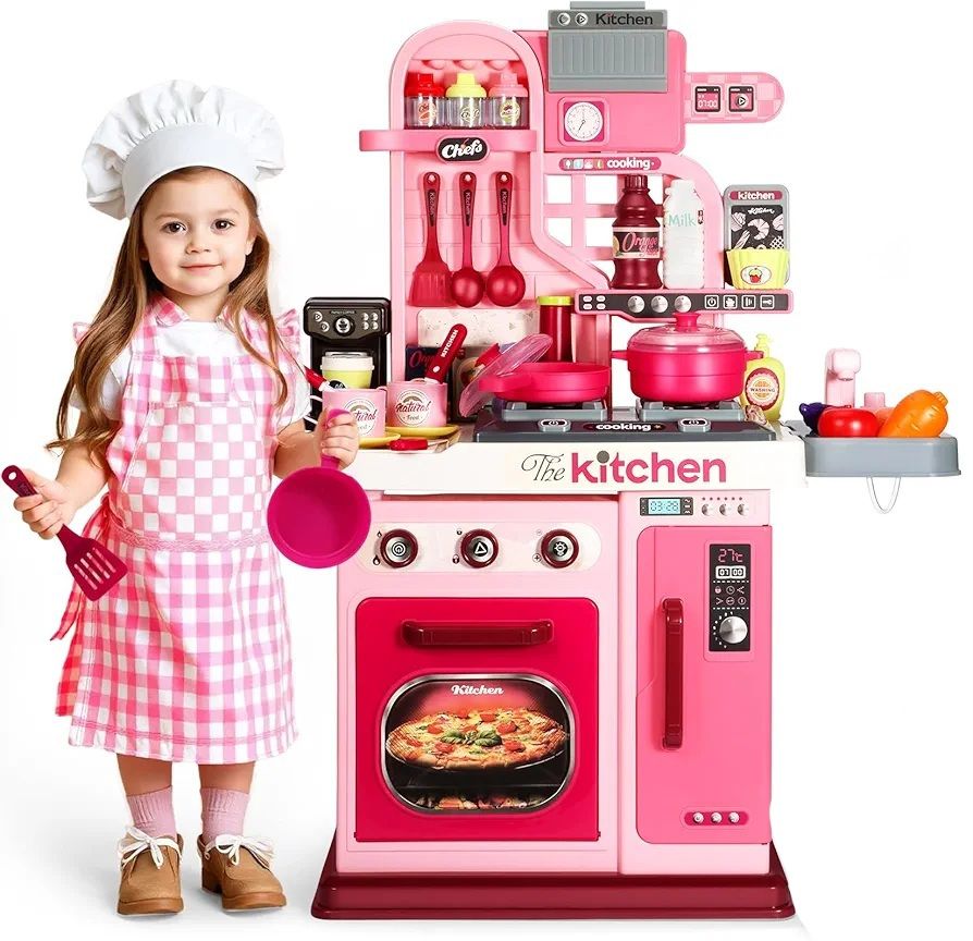 Cuisine pour enfants, cuisine jouet, cuisine de jeu pour tout-petits avec 33 accessoires, lumières, sons, rangement, pour enfants de 3 à 6 ans, rose