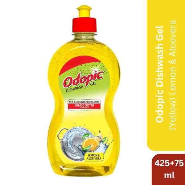 Odopic Dishwash Gel (Yellow) Lemon & Aloevera, 425ml + 75ml Extra