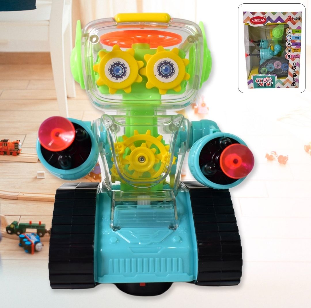 Gear Robot Car for Kids, Transparent Electric Robot with Realistic Sound and Light, Bump & Go Gear Robot