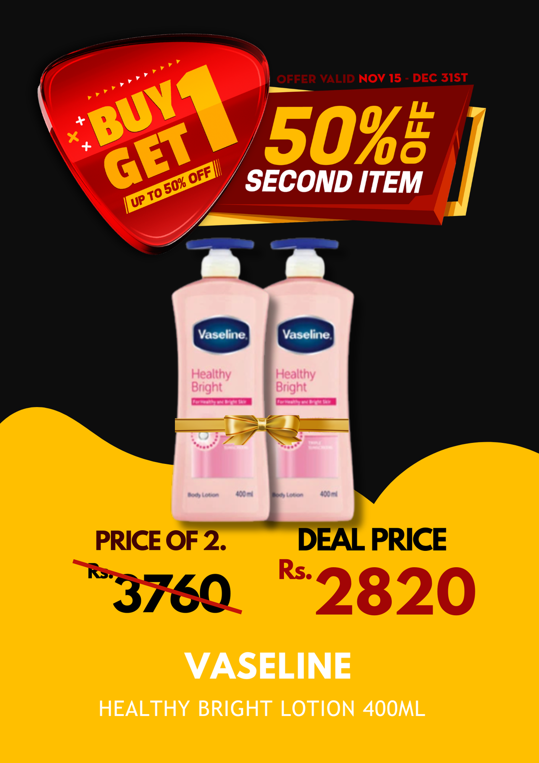 Vaseline Healthy Bright Lotion 400ml X 2 BOGO 50%