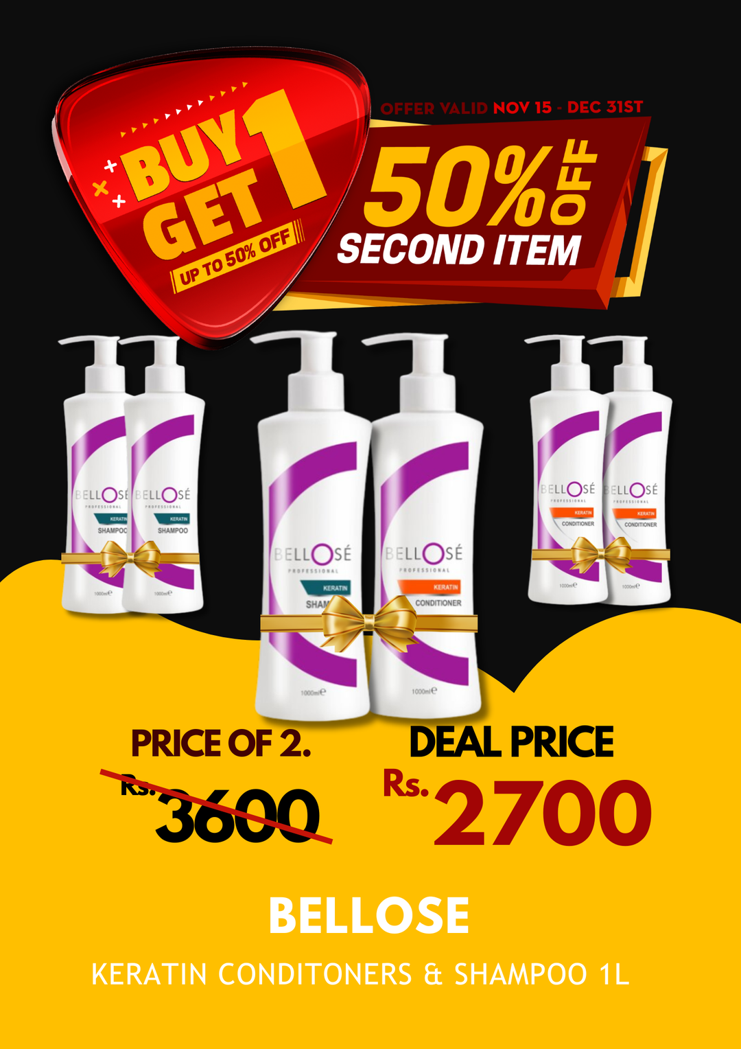 Bellose Keratin Shampoo & Conditoners 1L X BOGO 50%