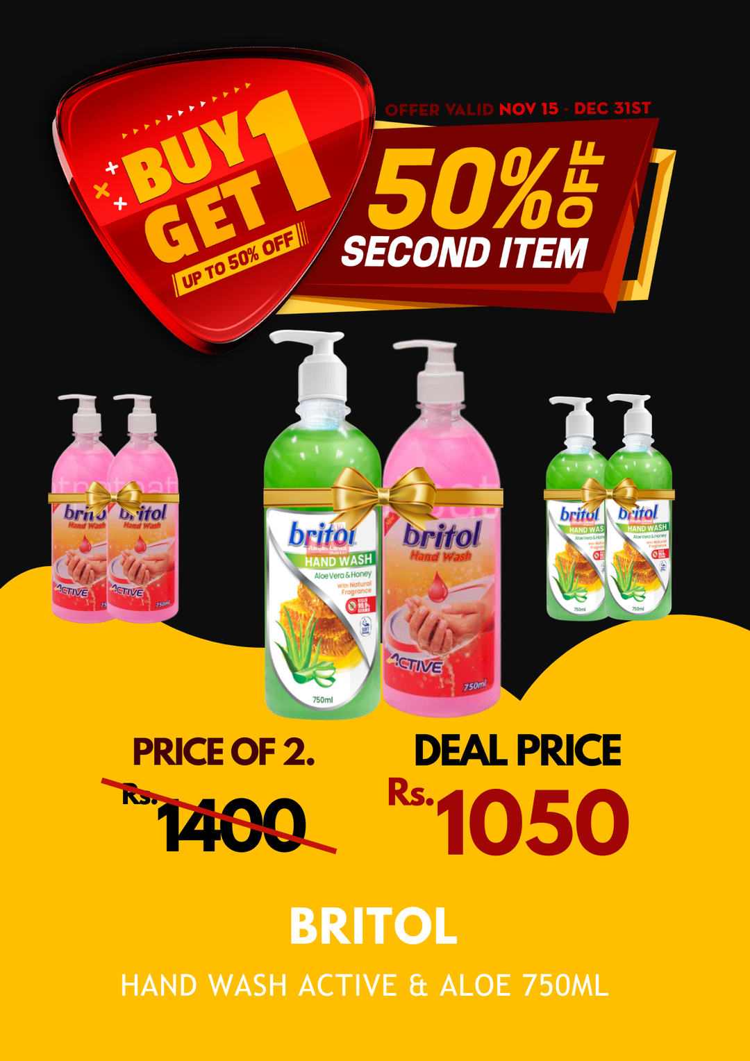 Britol Hand Wash Aloe Vera & Honey & Active 750ml X 2 BOGO 50%