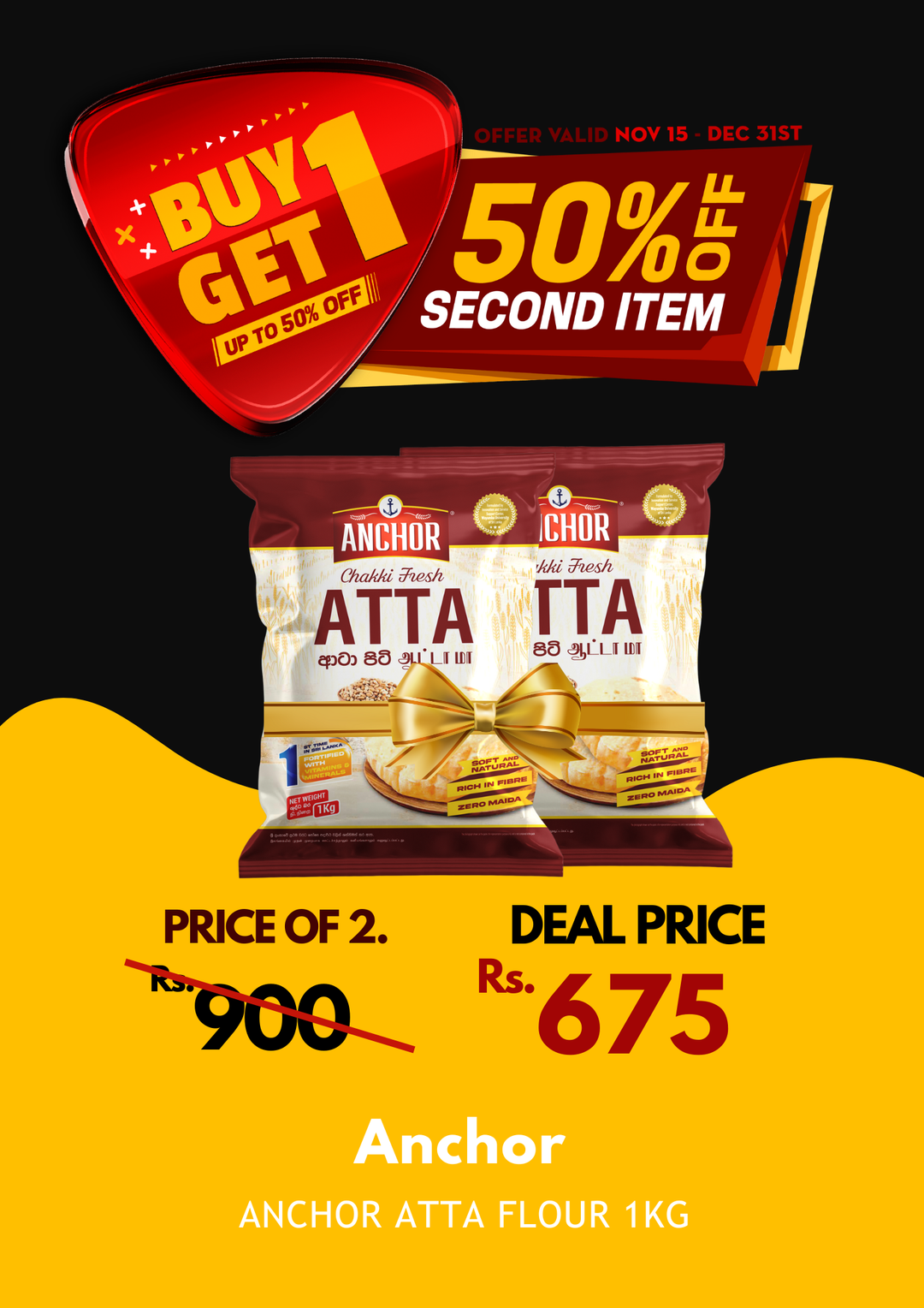 Anchor Atta Flour 1Kg X 2 BOGO 50%