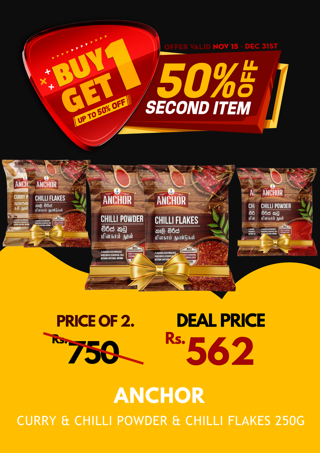 Anchor Curry & Chilli Powder & Chilli Flakes 250g X 2 BOGO 50%