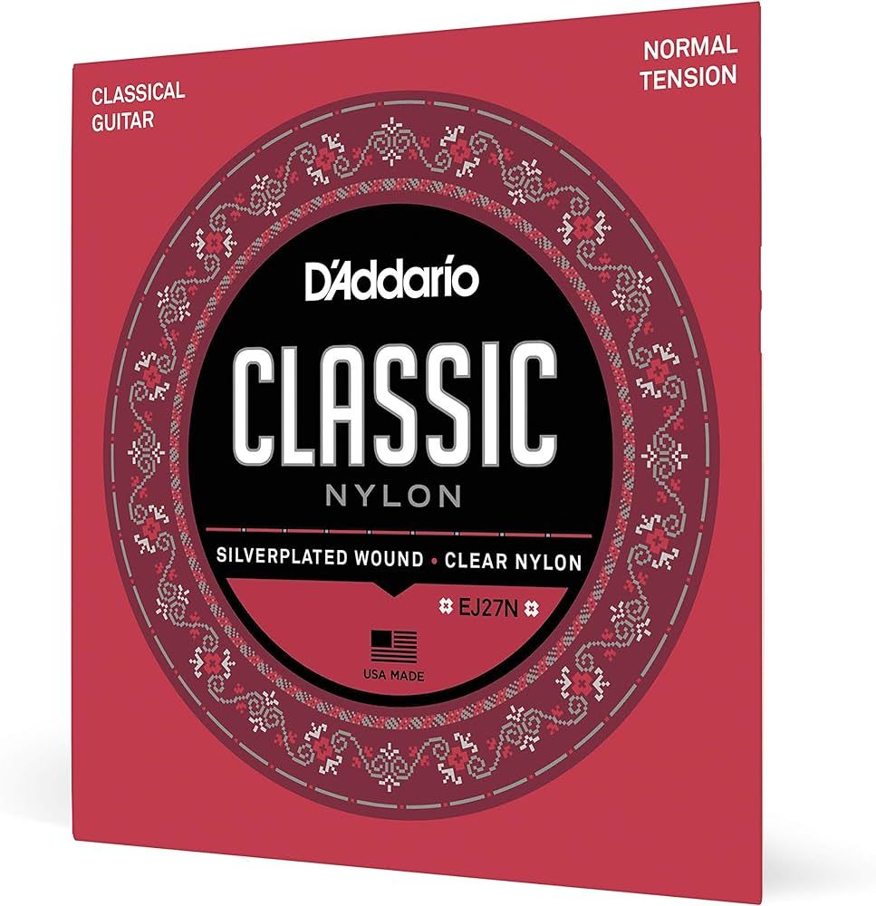 D'Addario Guitar Strings - Classic Nylon Guitar Strings - EJ27N Classical Guitar Strings - Silver Plated Wrap, Nylon Core, Clear Student Nylon Trebles - Normal Tension