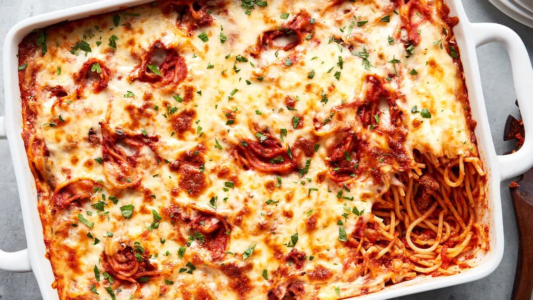 Cheesy Beef Baked Spaghetti