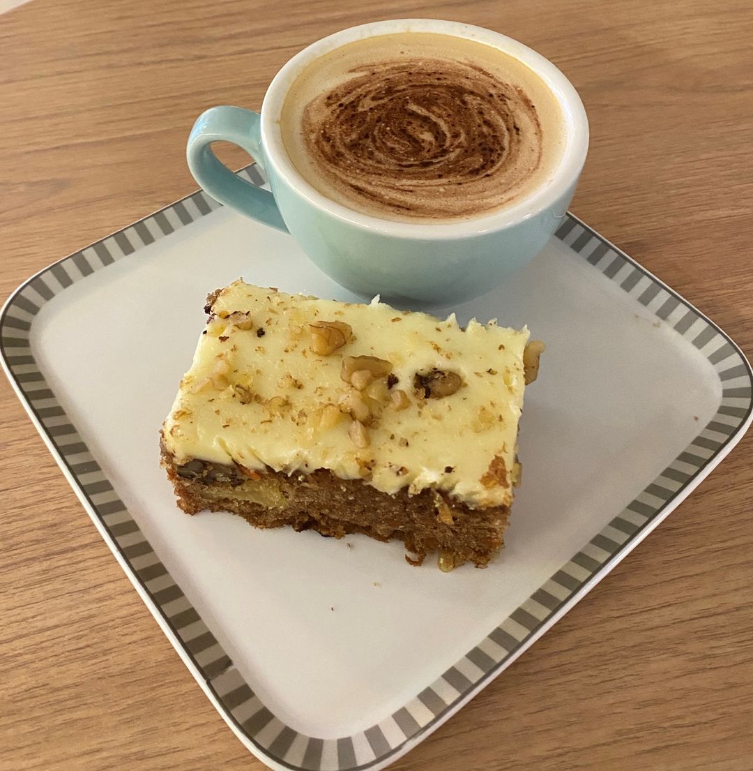 Walnut carrot cake with any choice of coffee