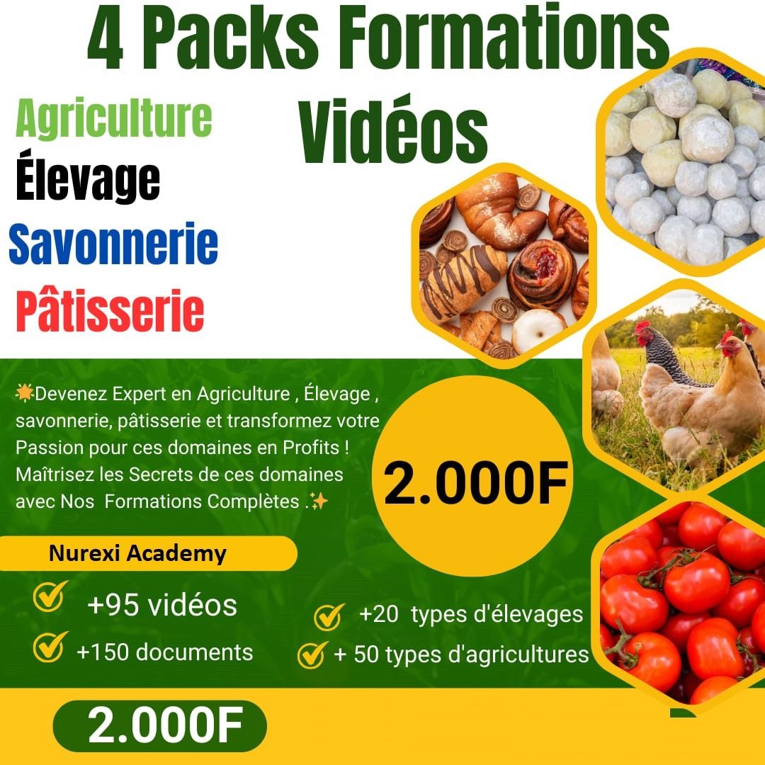 4 packs de formations vidéos sur l'élevage, l'agriculture, la savonnerie et la pâtisserie