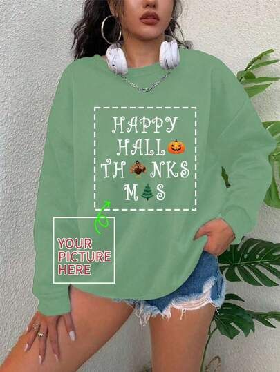 Personalized Photo/Graphics Round Neck Long Sleeve Sweatshirt - Green