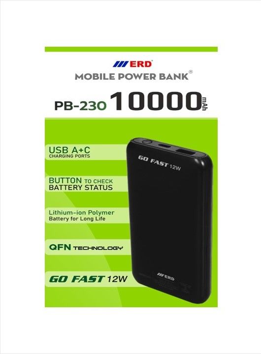 ERD PB-230 10000 mAh PowerBank With USB A & C Charging Ports - BLACK