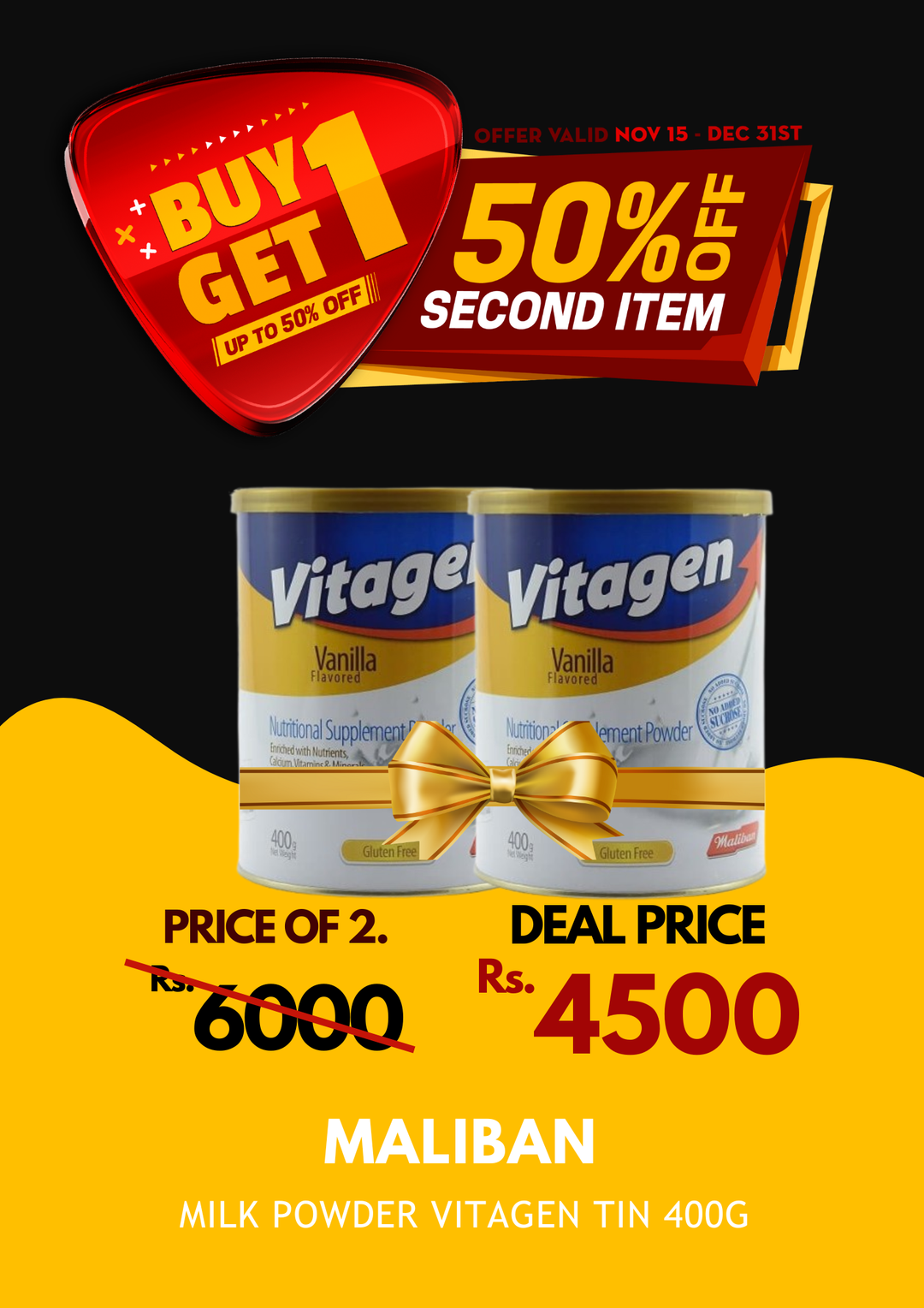 Maliban Milk Powder Vitagen Tin 400g X 2 BOGO 50%