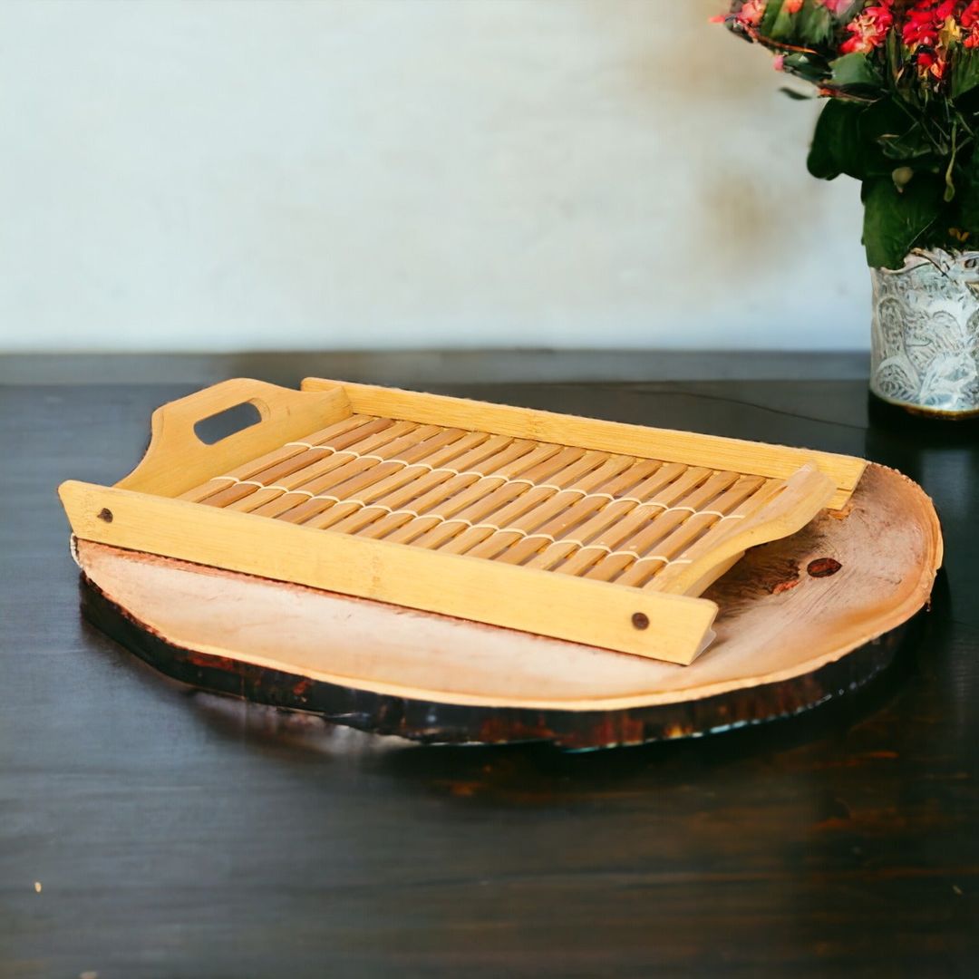 Brown Rectangular Polished Wooden Tray Medium