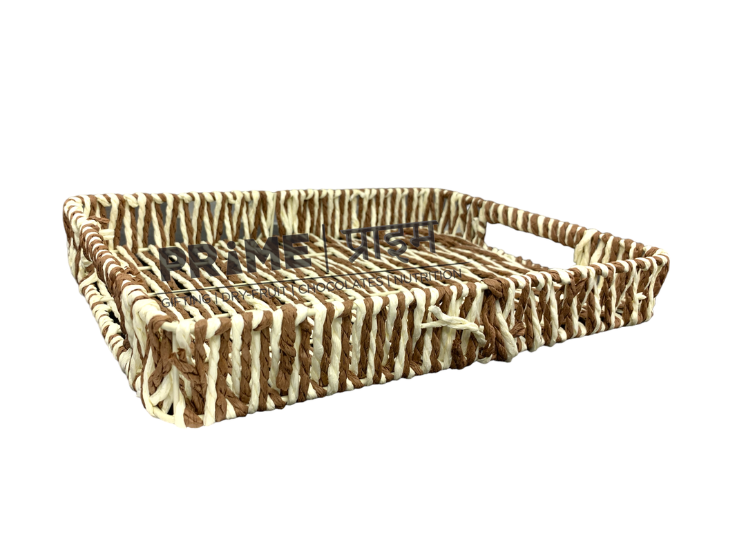 White n Brown Paper Weaved Rattan Rectangle Tray Size3