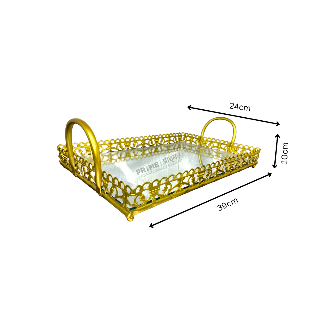 Golden Rectangular Metallic Tray With Glass Base Small