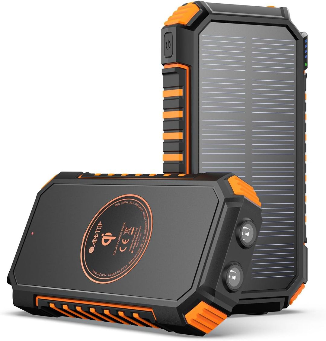 A ADDTOP 26800mAh Solar Power Bank, Wireless Fast Charger QC 3.0, 4 Outputs & Flashlight