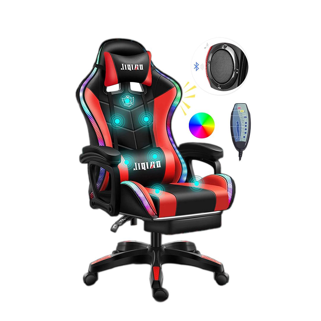 Cadeira Gaming RGB com  Altifalente, cadeira de massagem ergonômica para escritório, suporte lombar e banco traseiro ajustável, cadeira de escritório giratória com rodinhas para adultos.