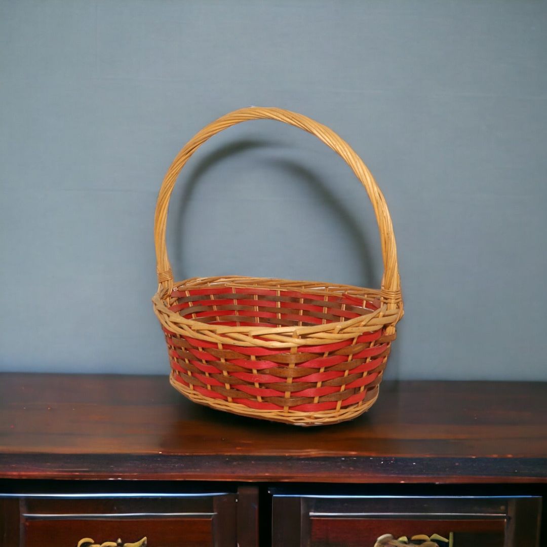 Pink Color Single Handel Wooden Basket Medium