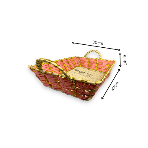 Rectangular Pink and White Kane Basket with Handle 33x22x9.5