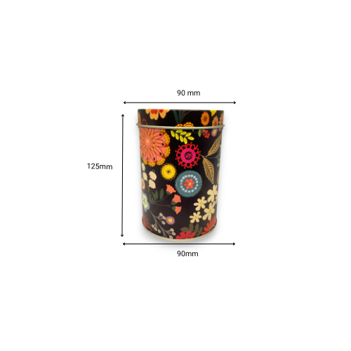 Black Cylindrical Floral Print Metal Container With Lid