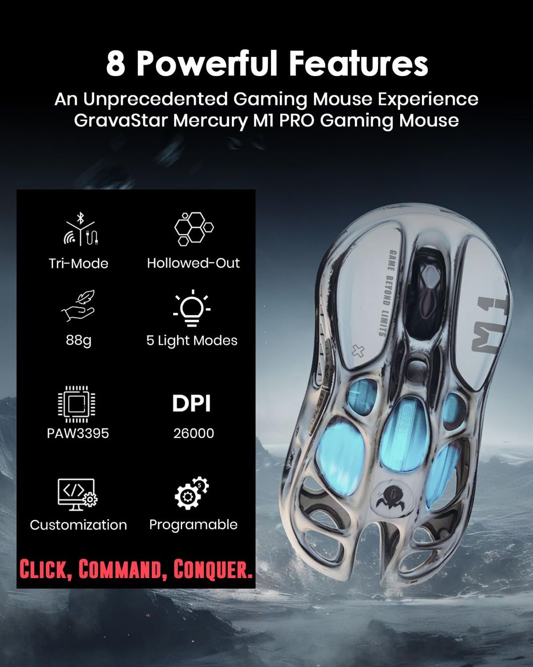 Gravastar MI Mouse Tri Mode Magnesium Alloy Mouse Paw3395 Gamer Bluetooth Wireless E-Sports