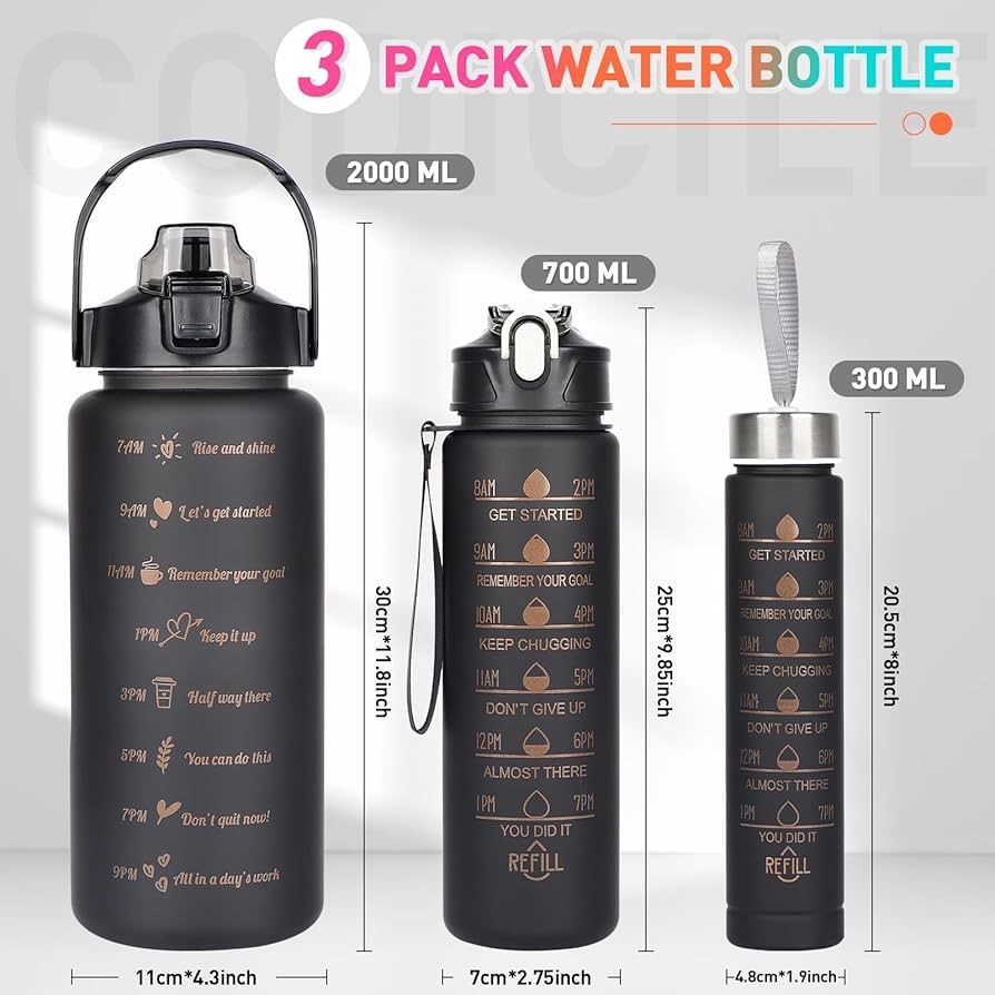 CodiCile Pack of 3 Drinking Bottles, 2 L, 700 ml, 300 ml, Leak-Proof, 2 Litre Drinking Bottle with Straw, BPA-Free Sports Bottle with Time Marking for Bike, Fitness, Hiking, Outdoor