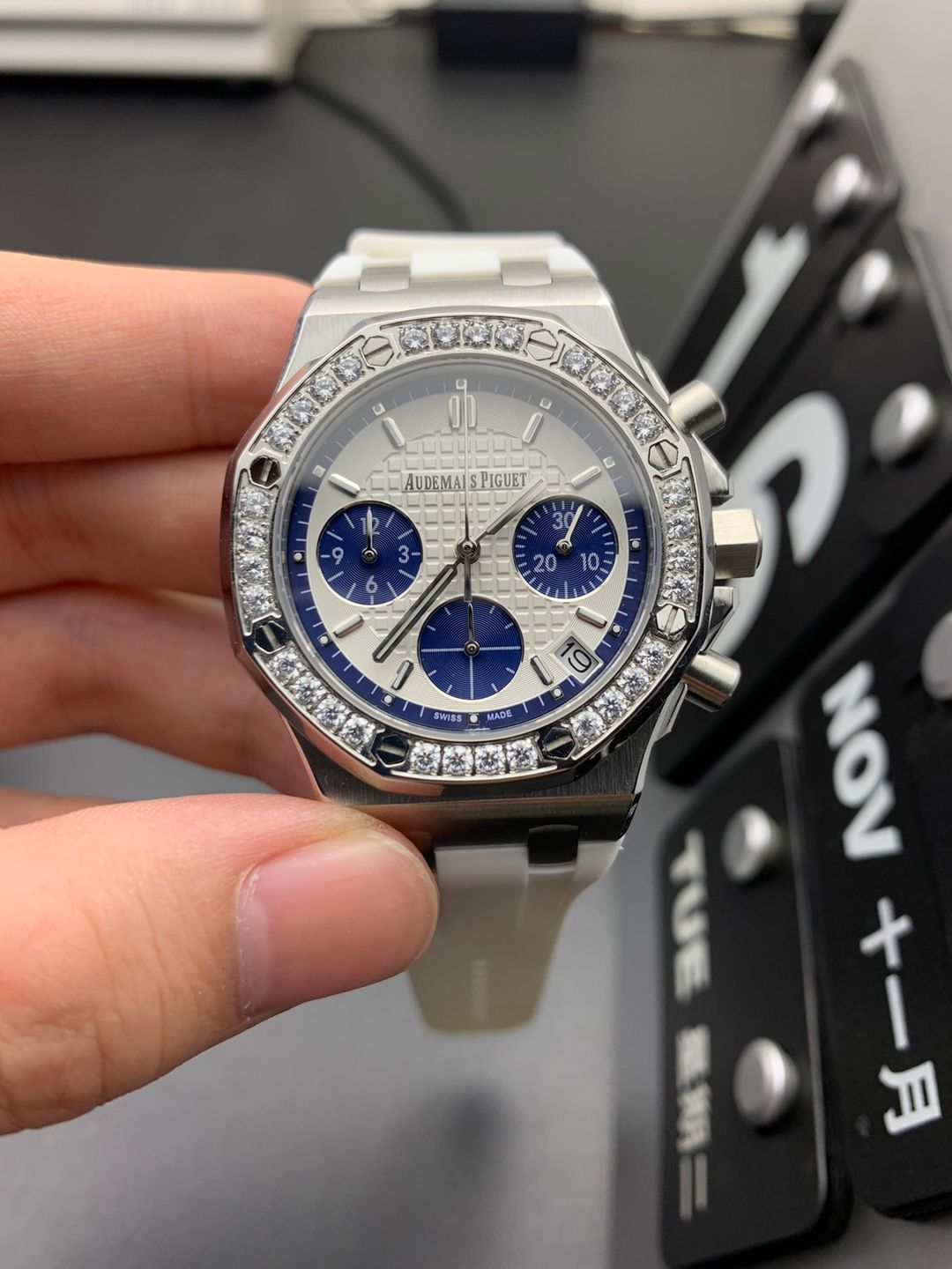 Audemars Piguet Royal Oak Offshore Chronograph - Silver and Blue with Diamond Bezel