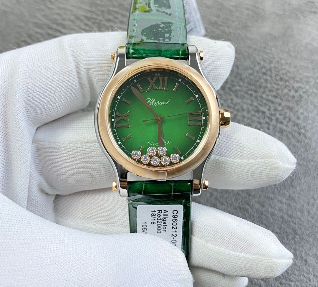 Chopard Happy Sport - Green Dial with Diamonds and Green Leather Strap.