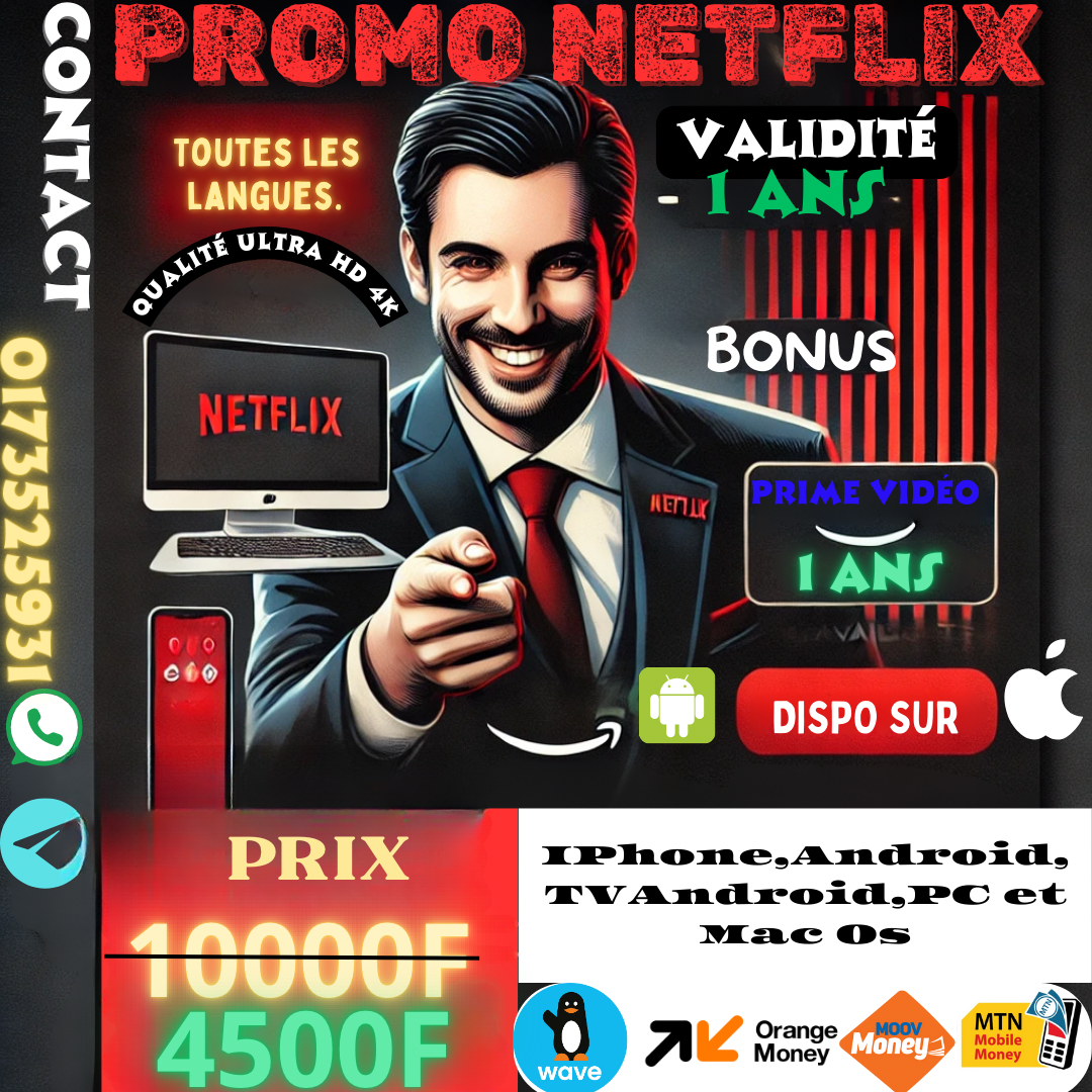 ABONNEMENT NETFLIX +PRIME VIDEO (1ans)