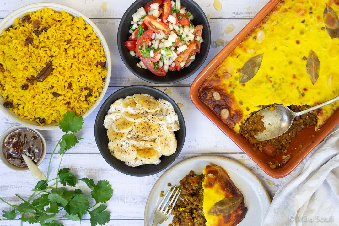 Cape Malay baboti with yellow rice and sambal