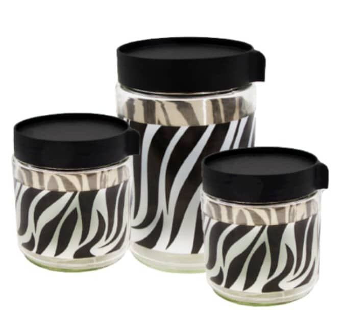 3pc Zebra Glass Bowl Set with Plastic Lids - 12 to 17cm