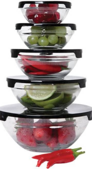 5pc Glass Bowl Set with Plastic Lids - 9 to 17cm           