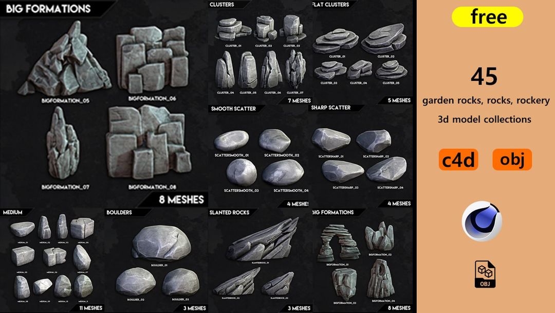 C4D 45 garden rocks, rocks, rockery decorations 3D model materials